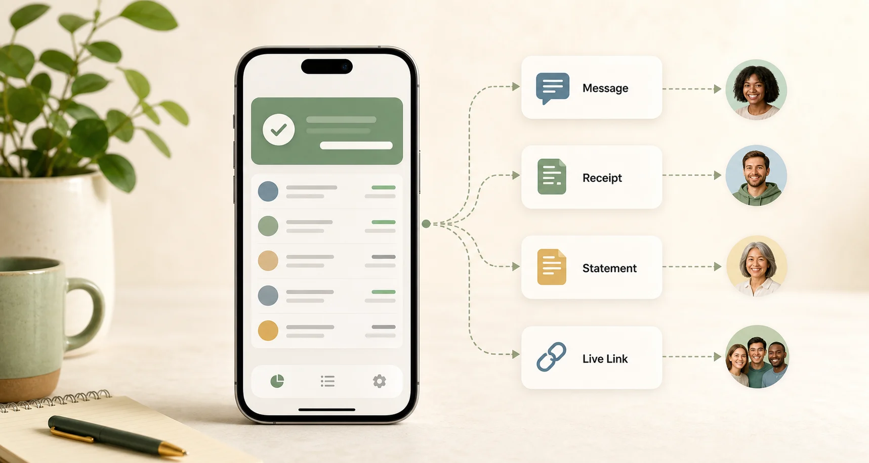 One person keeping a shared money record and sharing balance updates without everyone installing an app.