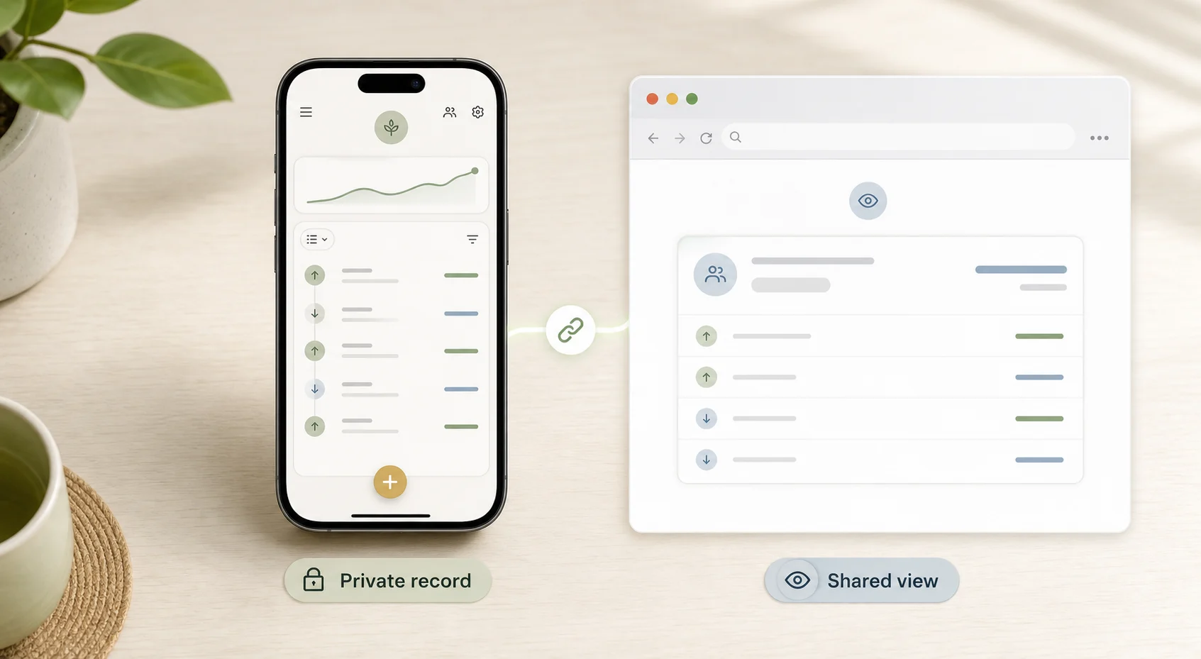 A private money record connected to a shared balance view.