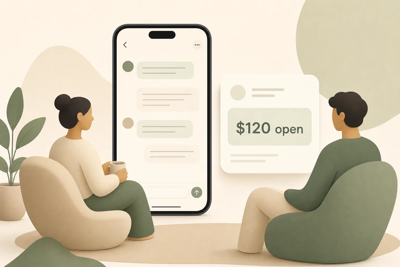 Calm repayment follow-up message beside a clear money balance