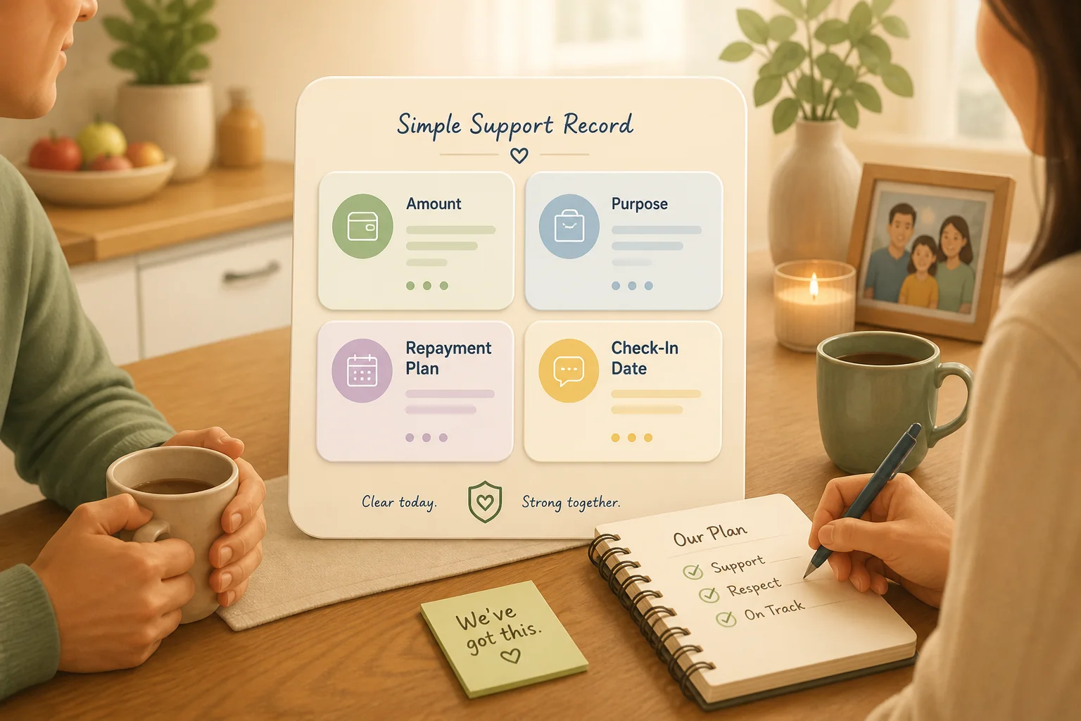 A simple temporary support record showing amount, purpose, repayment plan, and check-in date.