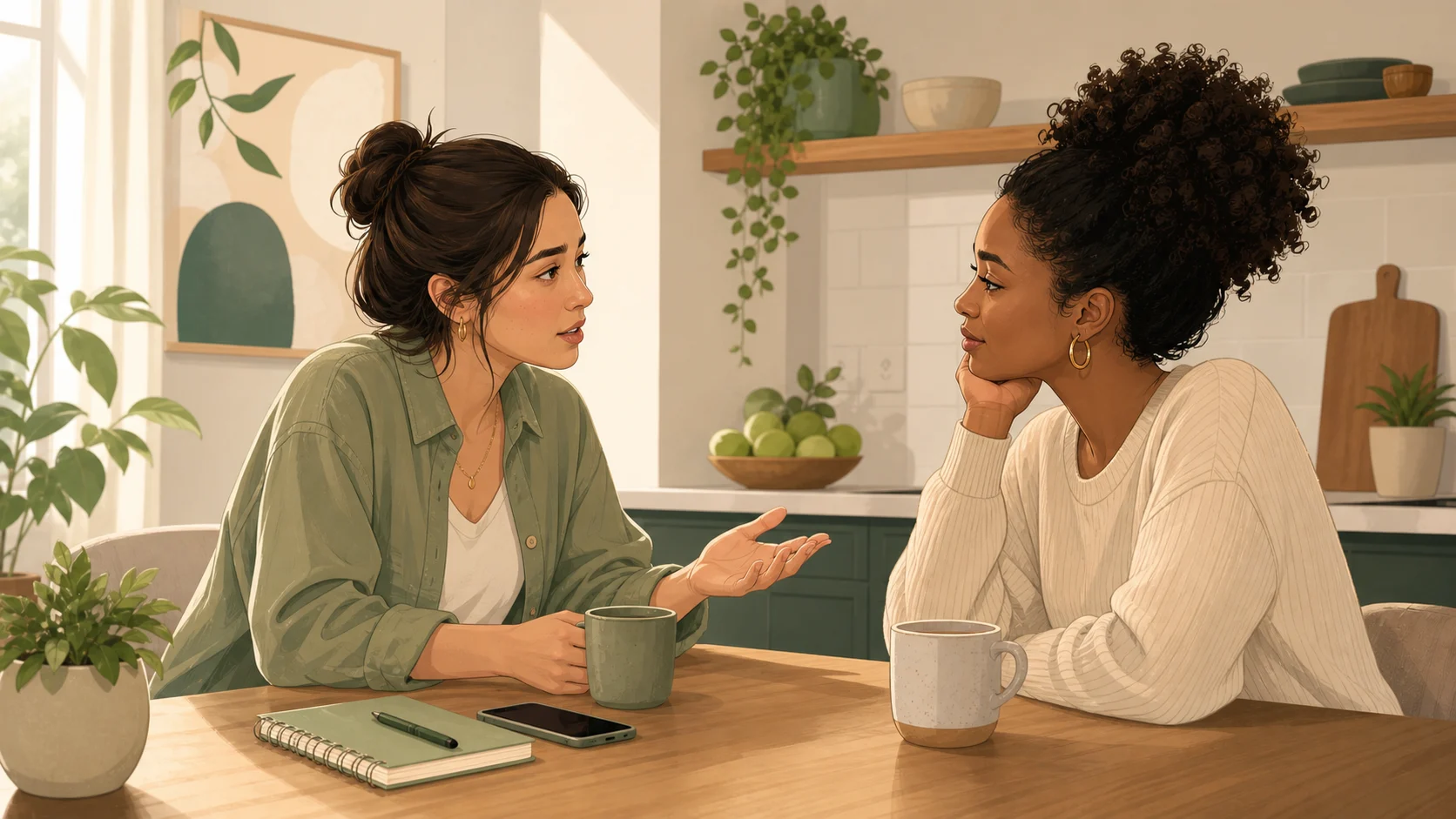 Two friends having a calm conversation about borrowing money.