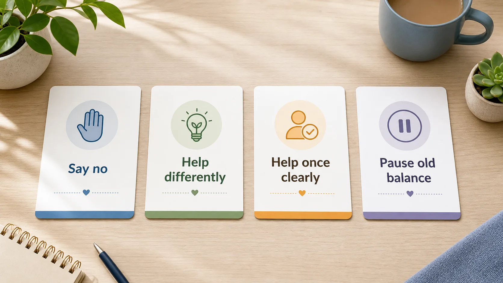 Four decision cards showing calm options for setting a boundary when a friend keeps borrowing money.