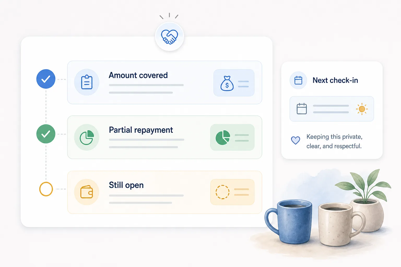 A simple private money record showing an amount lent, a partial repayment, a remaining balance, and a next check-in.