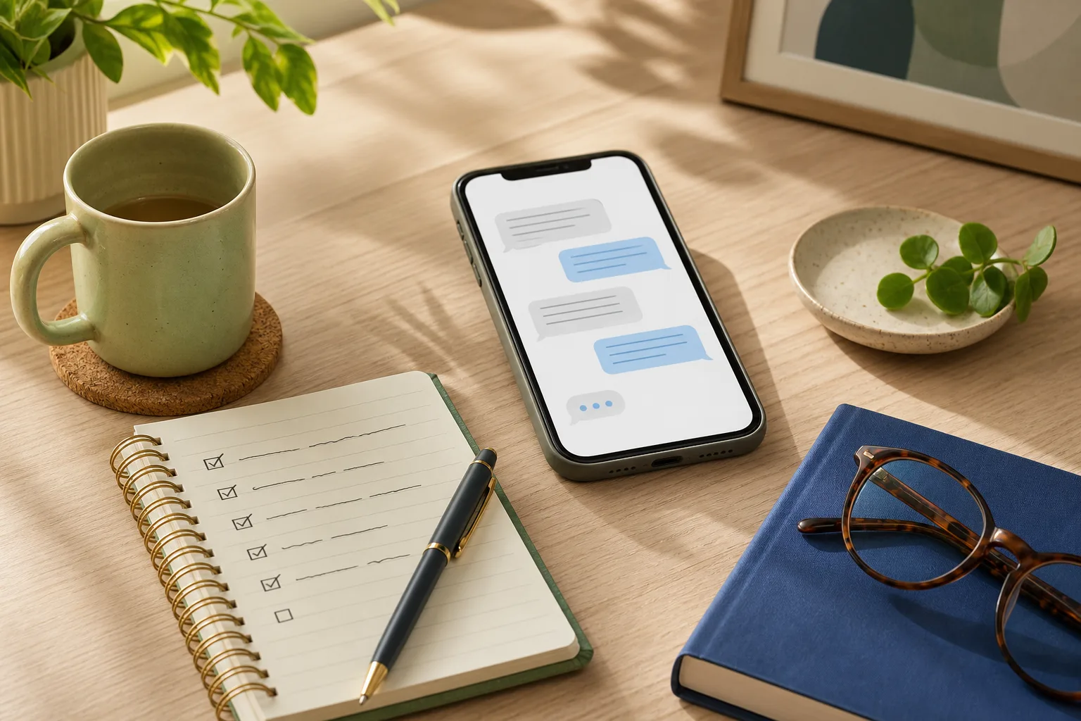 A phone beside a small checklist, showing a calm moment before replying to a friend who keeps asking to borrow money.