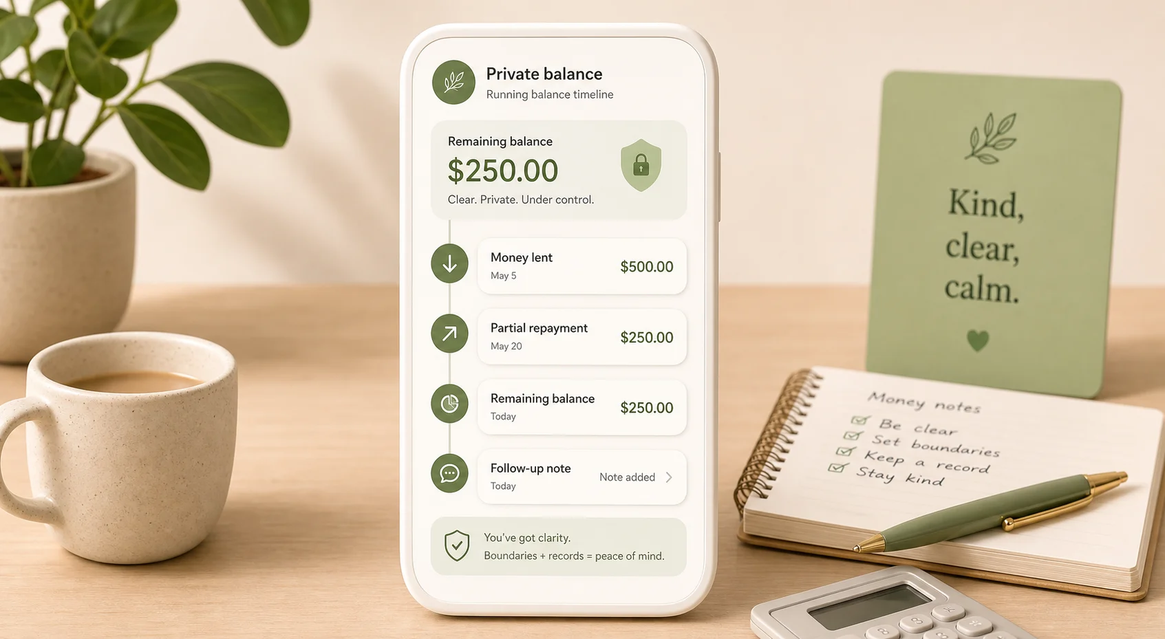 Simple running balance timeline showing a private money record after someone chooses to lend money.