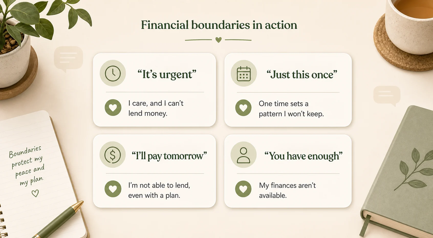 Calm boundary response cards for common pushback after saying no to lending money.