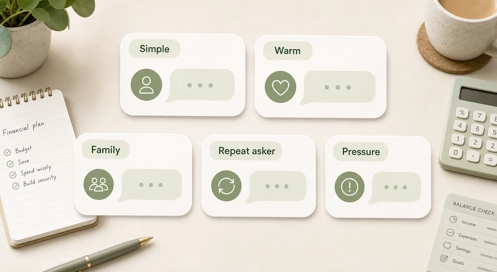 Polite message examples for saying no to lending money shown as calm rounded cards.