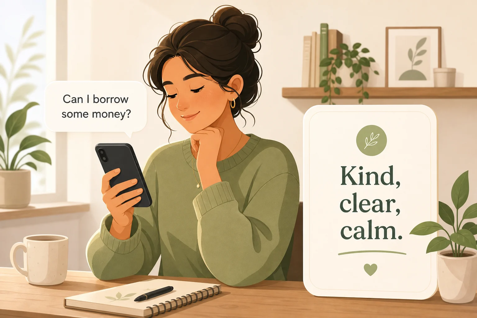 Calm illustration of someone responding kindly to a money request while setting a clear boundary.