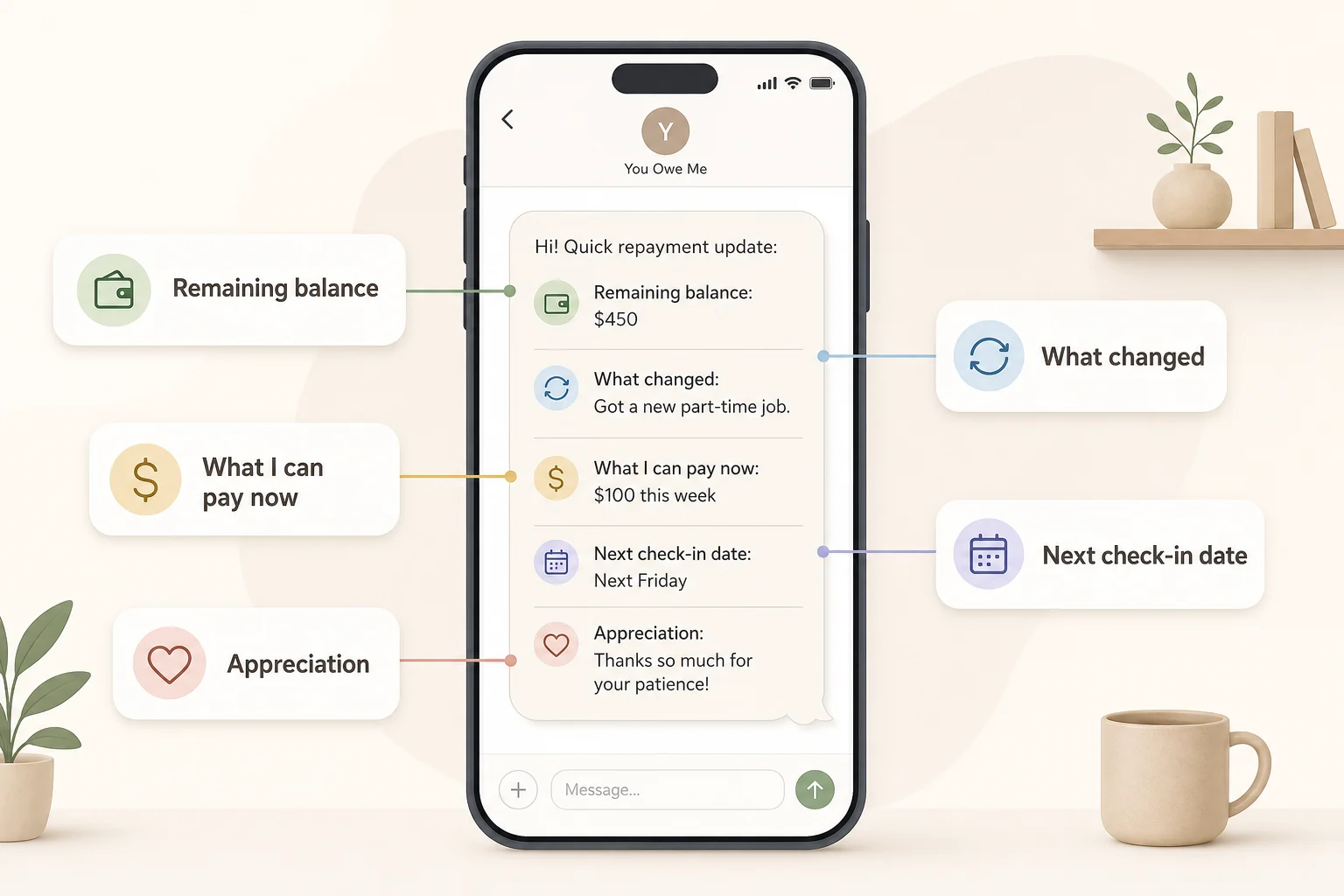 Anatomy of a clear repayment update message with balance, timing, and next step.