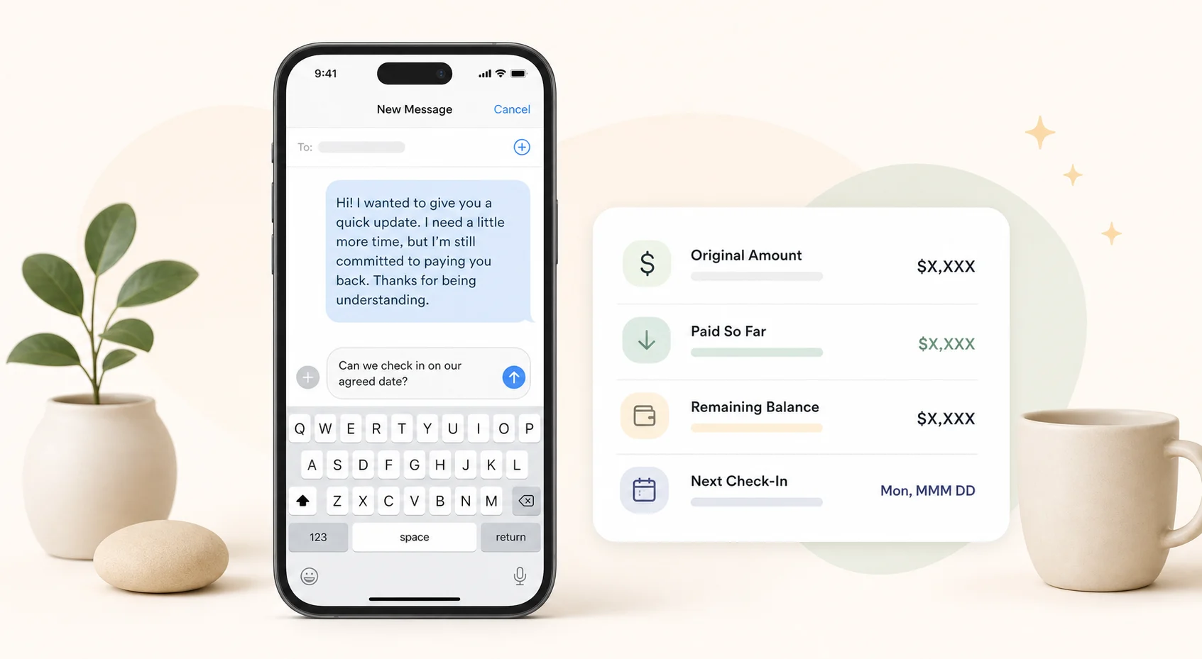 Calm repayment update message beside a clear remaining balance card.