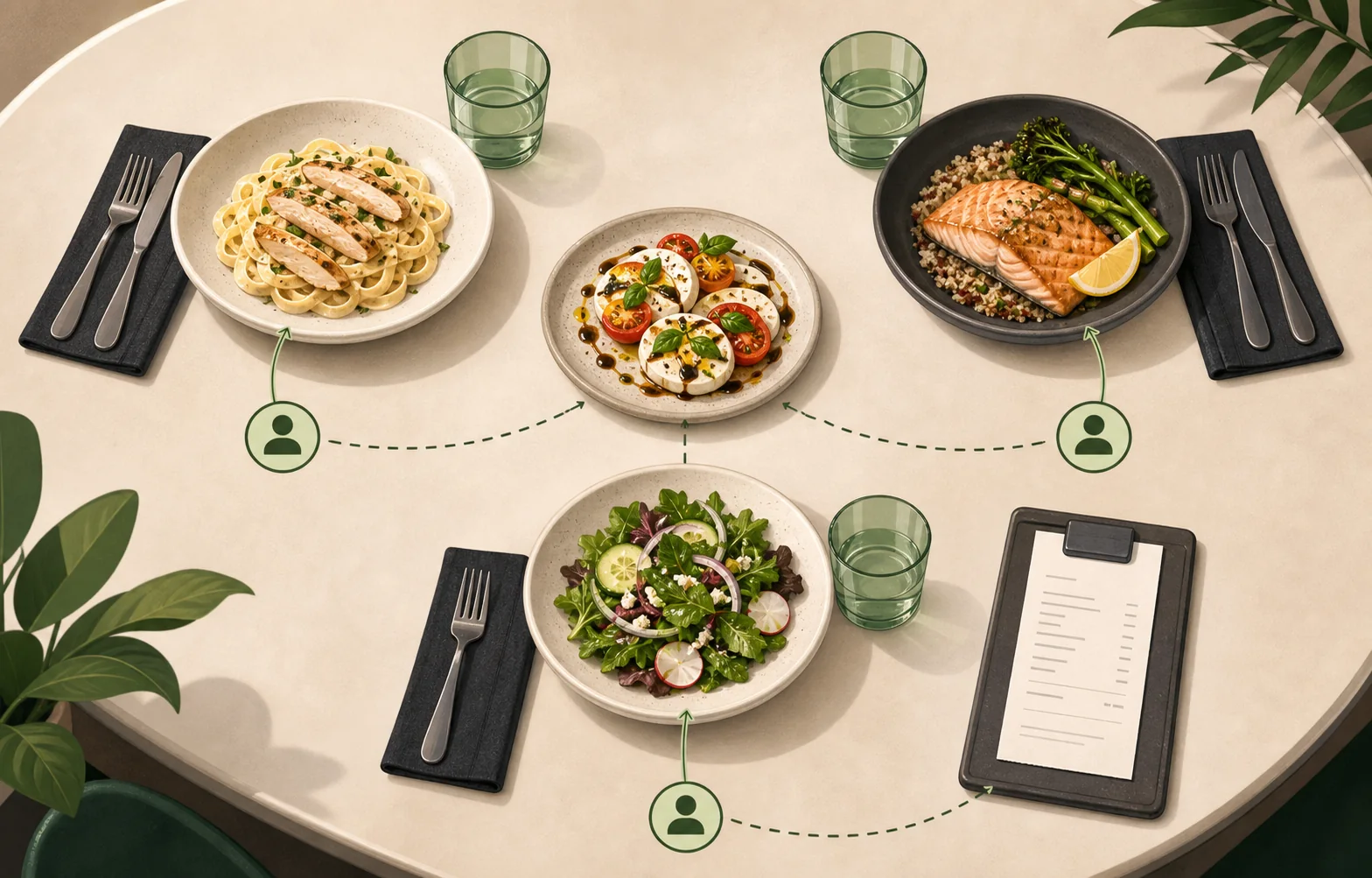 Restaurant receipt showing three different personal orders and one shared dish divided between three people.