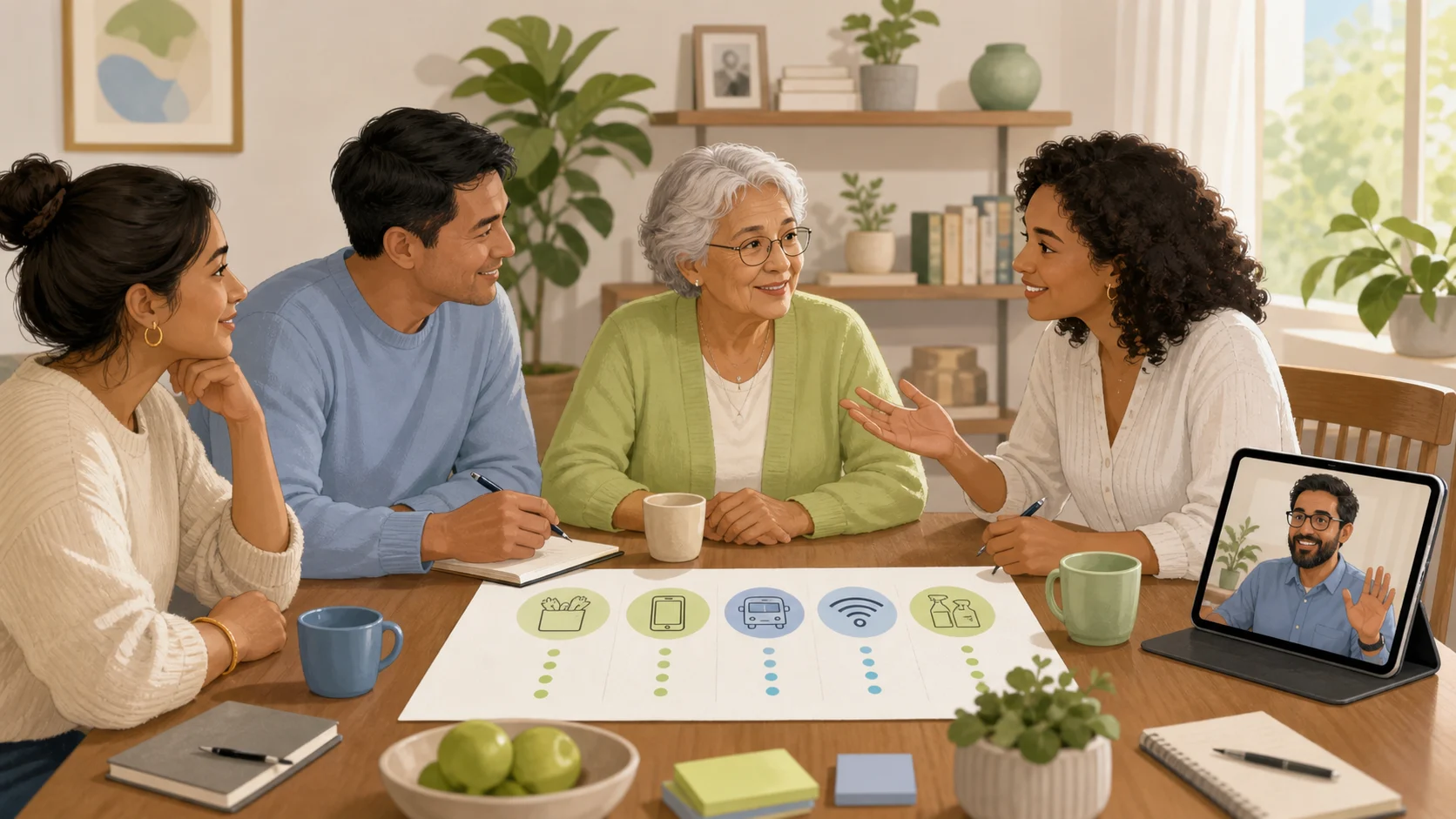 Adult siblings and their older parent reviewing a contribution plan for everyday expenses.