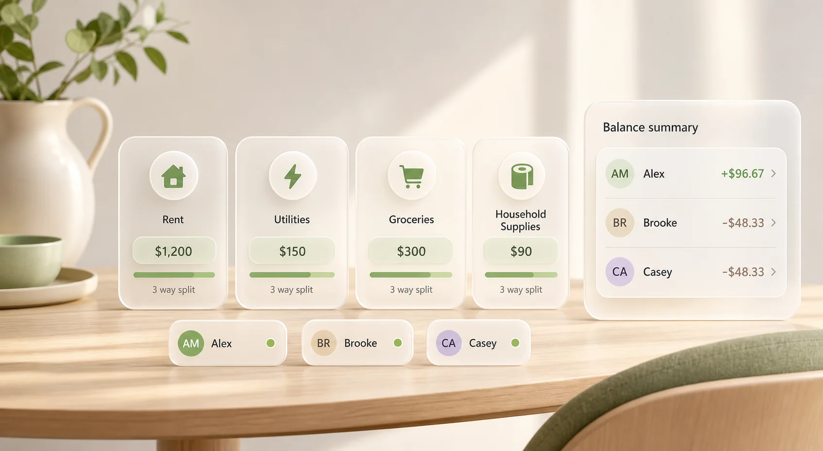 Shared roommate bills for rent, utilities, groceries, and household supplies organized into clear balance cards.