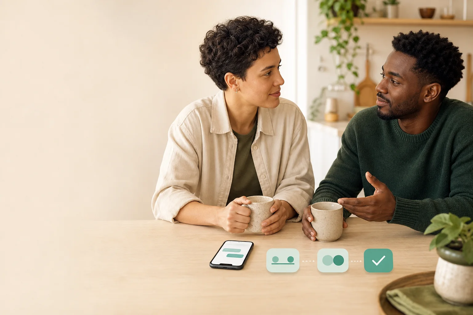 Two people calmly agreeing on smaller repayments beside a phone and a clear balance card.