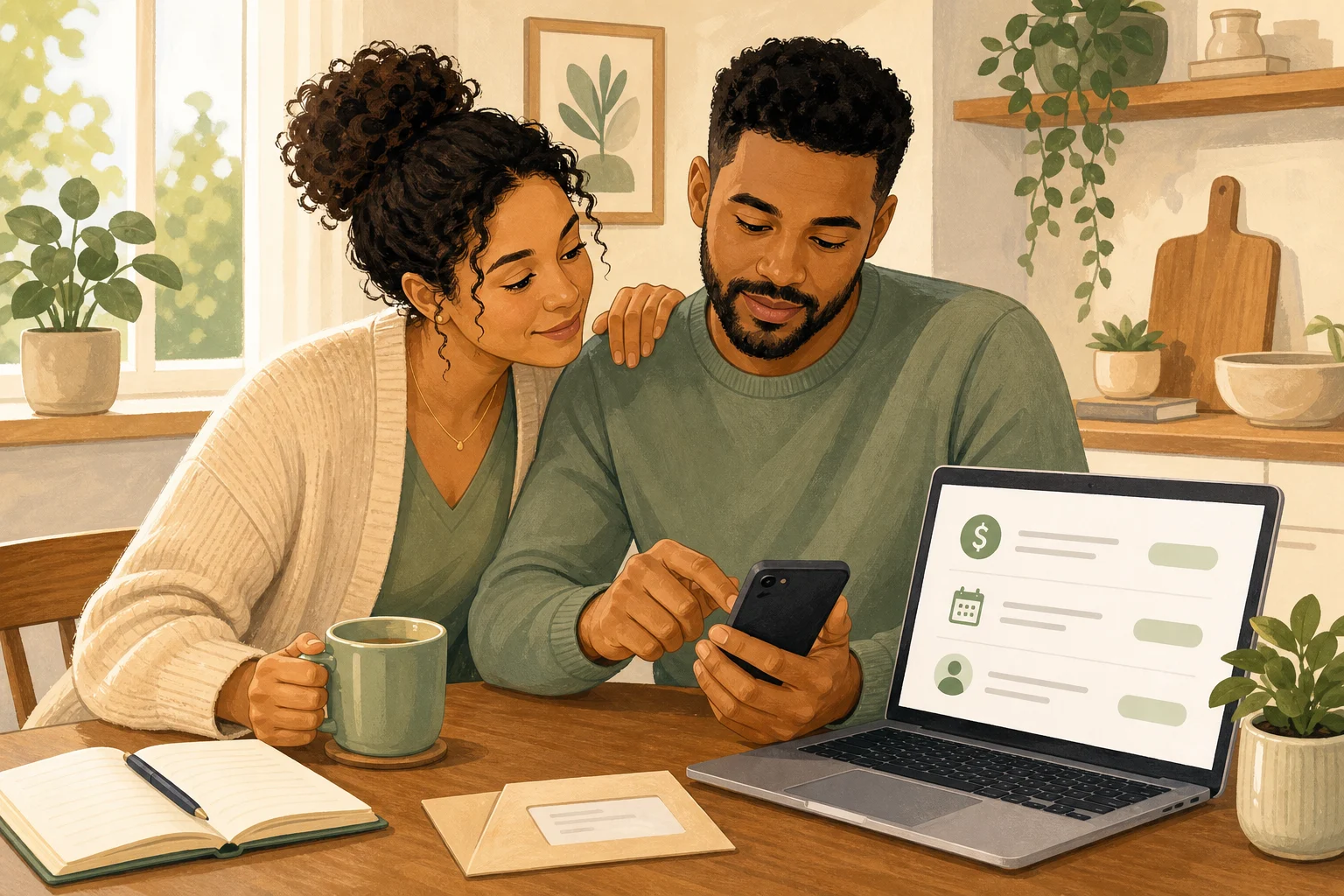 Two people calmly discussing temporary financial support with a simple record of amount, purpose, repayment, and check-in date.