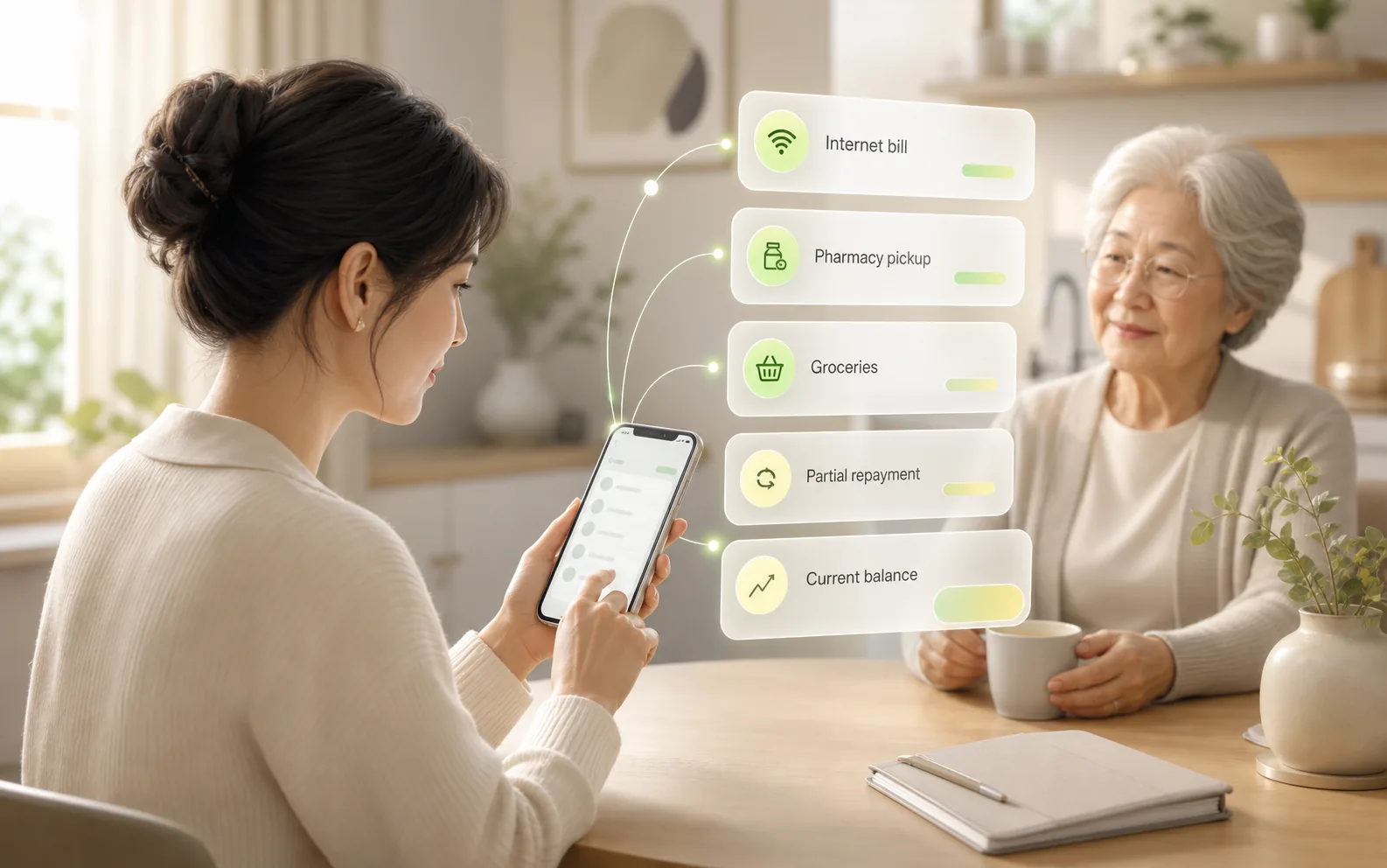 A calm family reimbursement tracking scene with parent bills, purchases, repayments, and a current balance organized on soft cards.