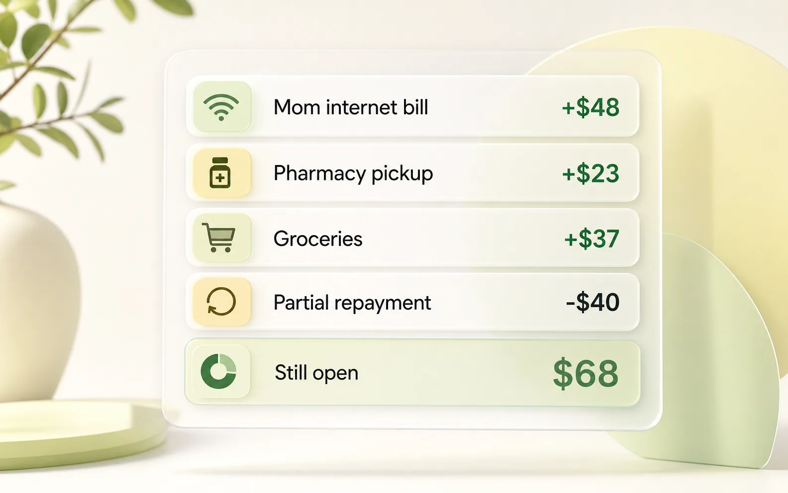 A running balance example for parent bills, pharmacy purchases, groceries, and a partial repayment.