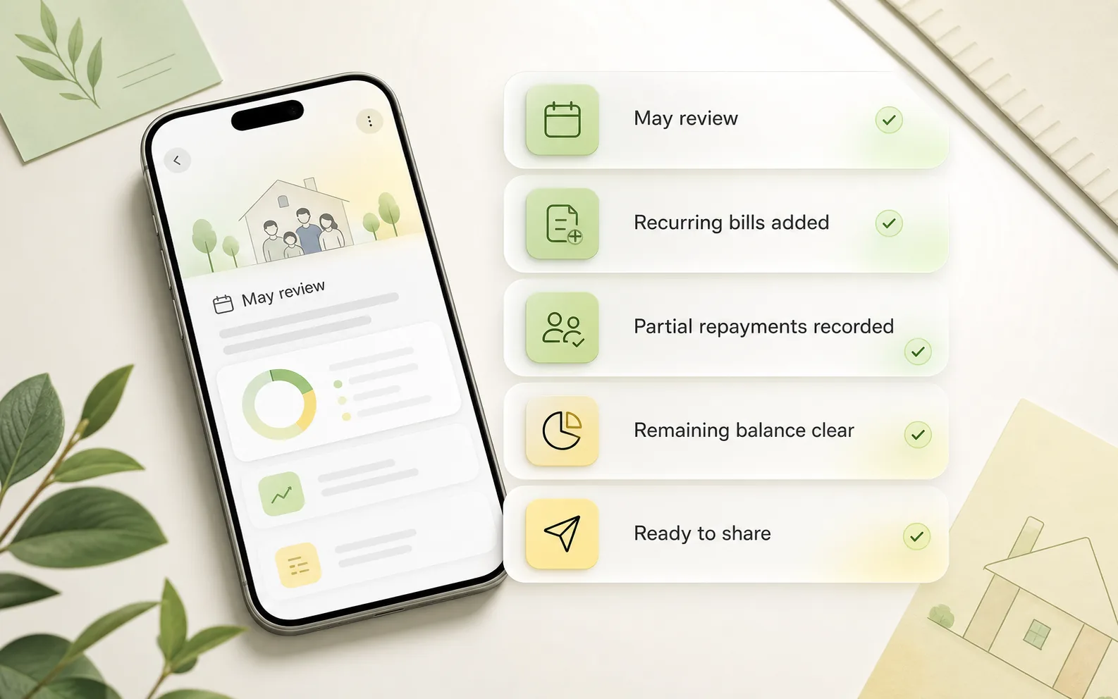 A monthly family reimbursement review with recurring bills, partial repayments, and a clear remaining balance.