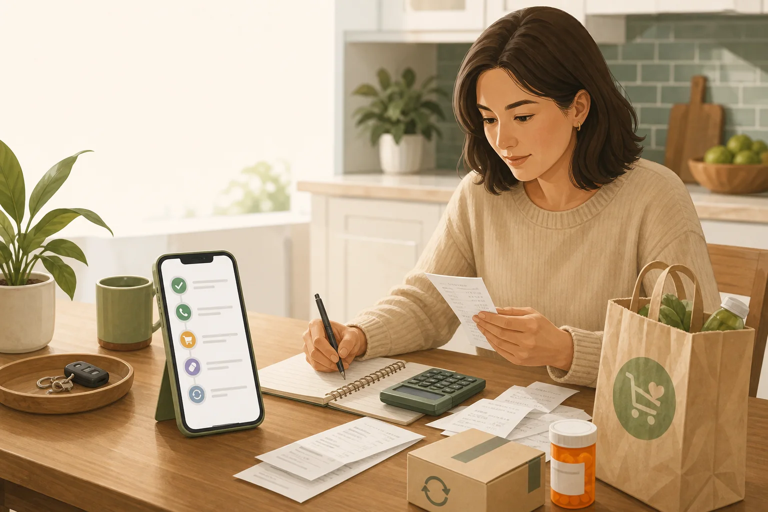 Adult child organizing recurring family bills and subscriptions in one clear record.