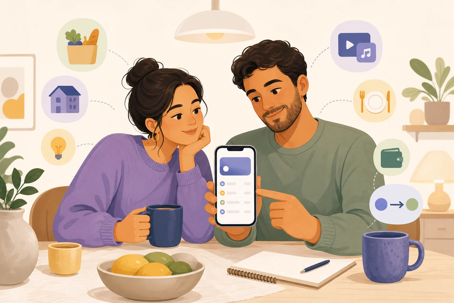 Illustration of two partners calmly reviewing shared expenses and a balance summary