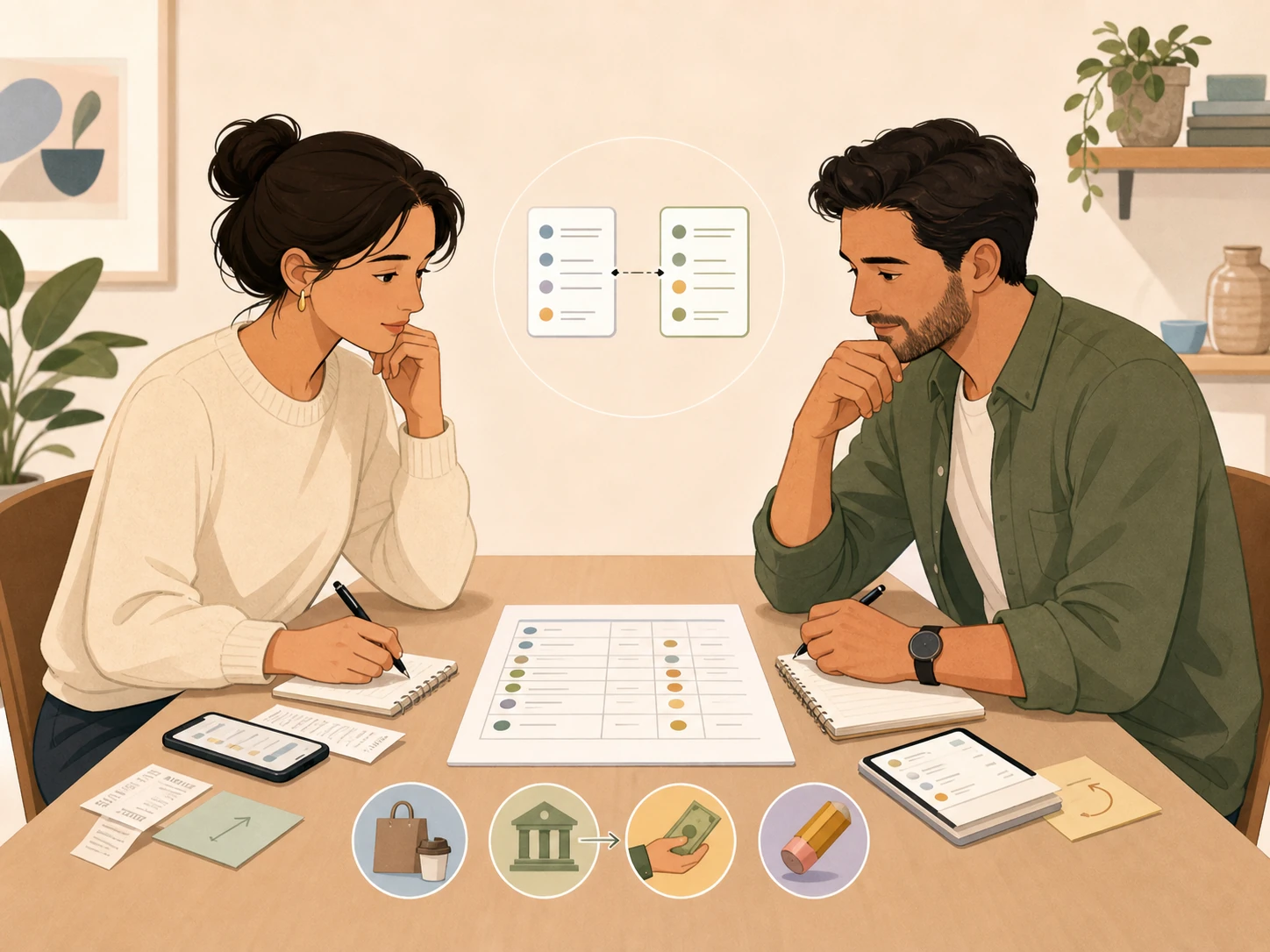Two people calmly comparing different expense and repayment records before rebuilding one agreed balance.