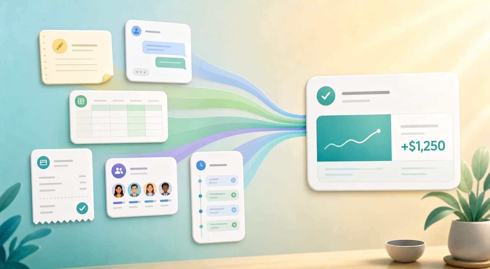 Illustration of notes, messages, spreadsheets, payment history, and a running balance becoming one clear IOU record.