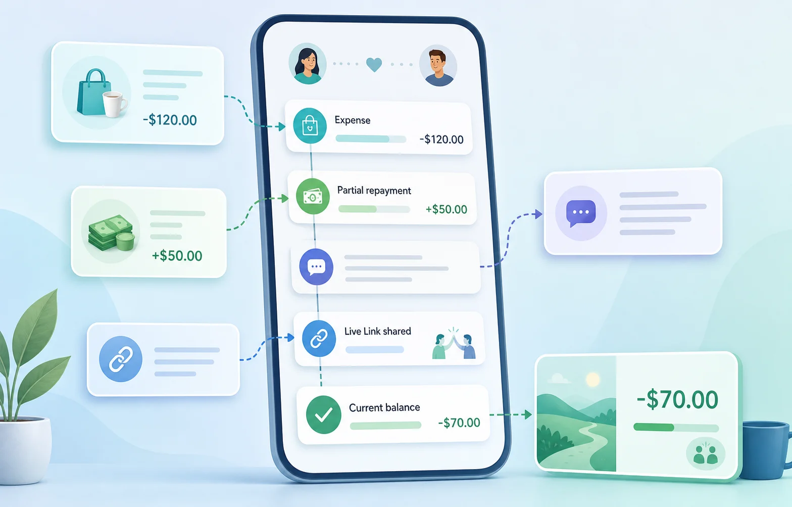 Illustration of a running balance with an expense, partial repayment, Live Link, and calm follow-up message.