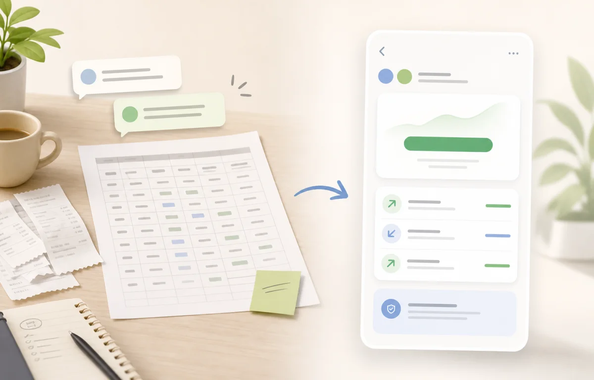Comparison of a spreadsheet, receipts, and messages next to a clear running balance on a phone.