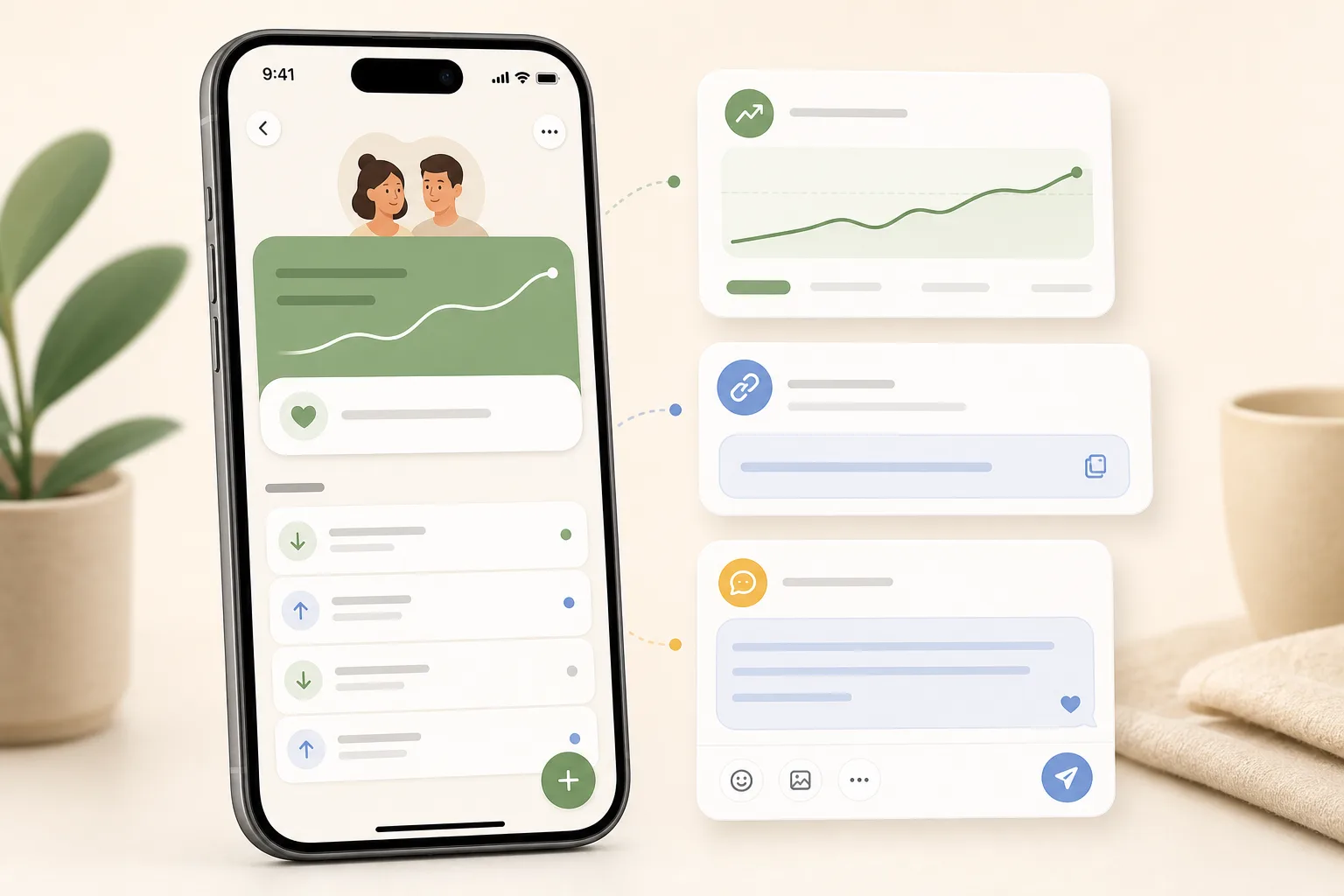 Running balance app record showing balance history, sharing, and a calm follow-up message.