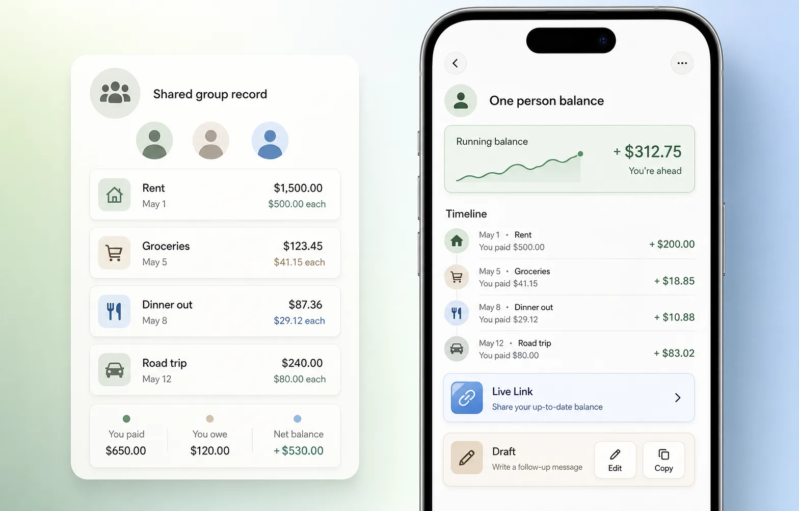 Comparison of group expense splitting and You Owe Me running balance history.