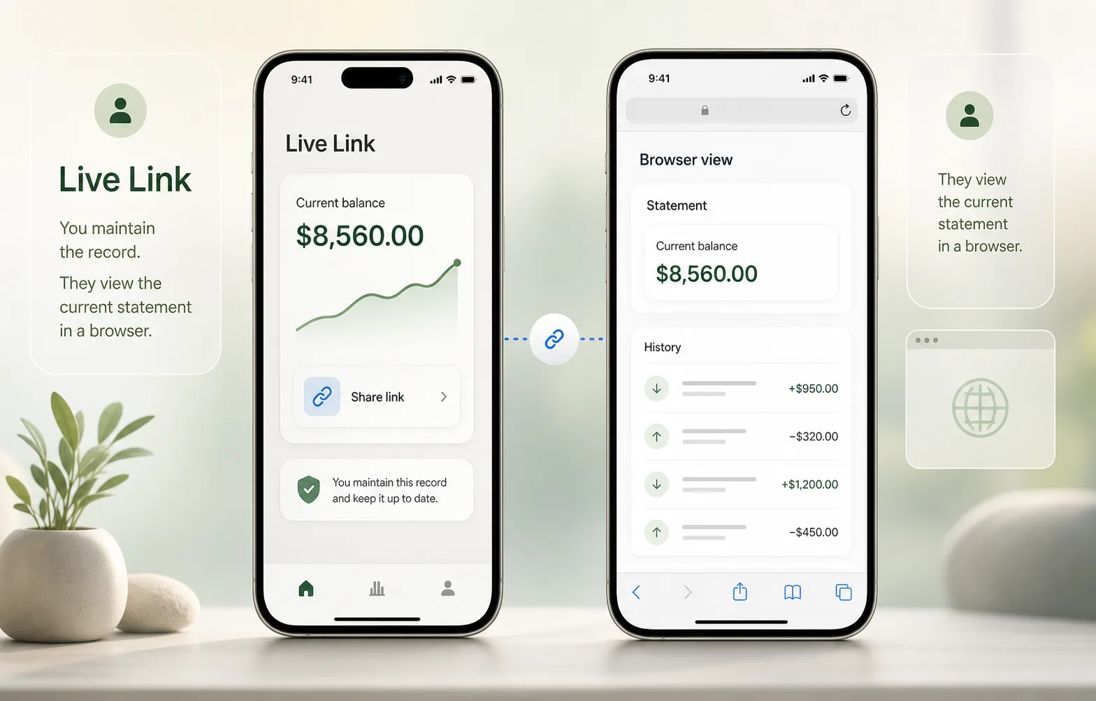 You Owe Me Live Link sharing a current balance statement in a browser.