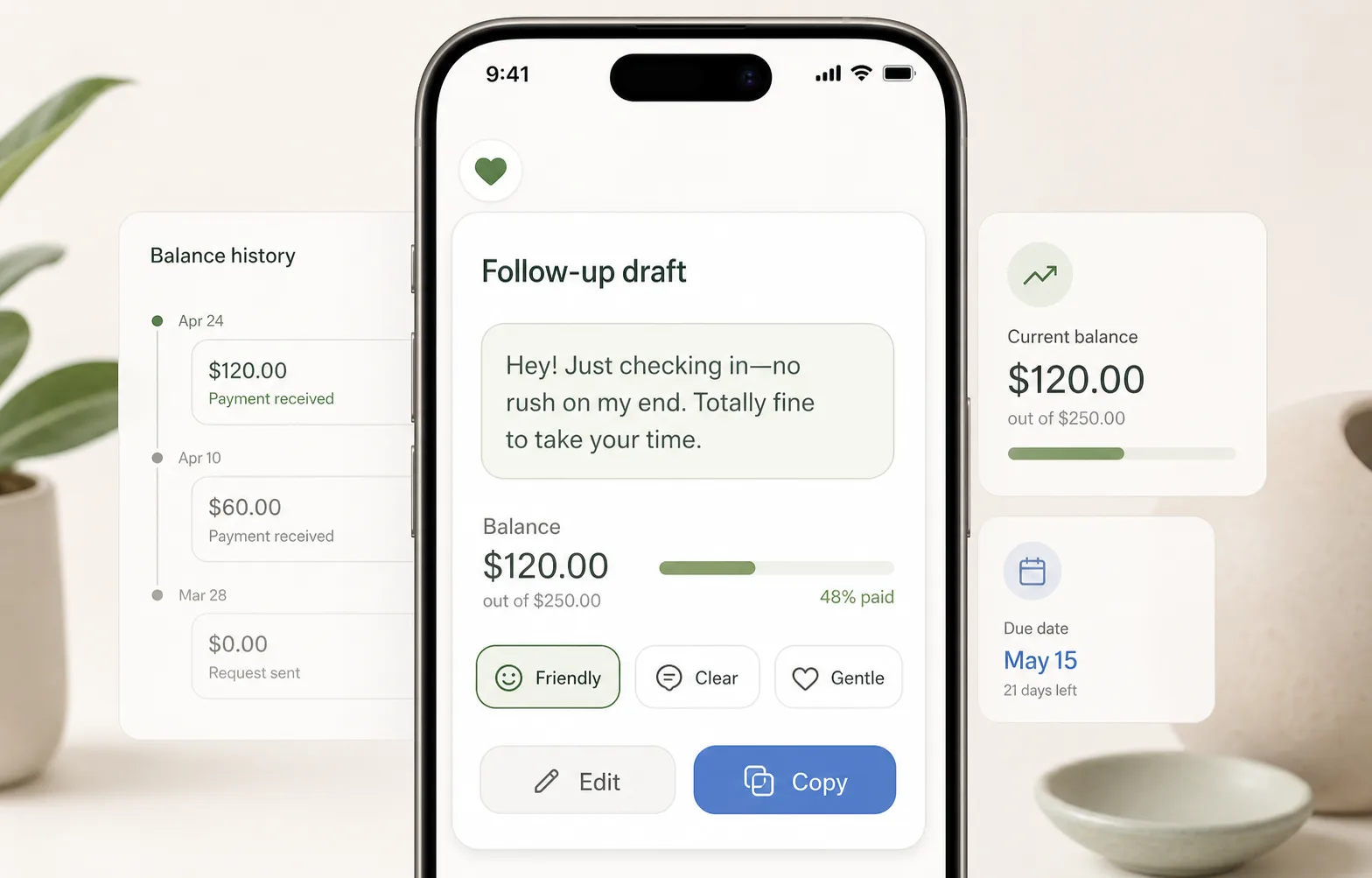 You Owe Me Money Conversations follow-up message draft based on balance history.