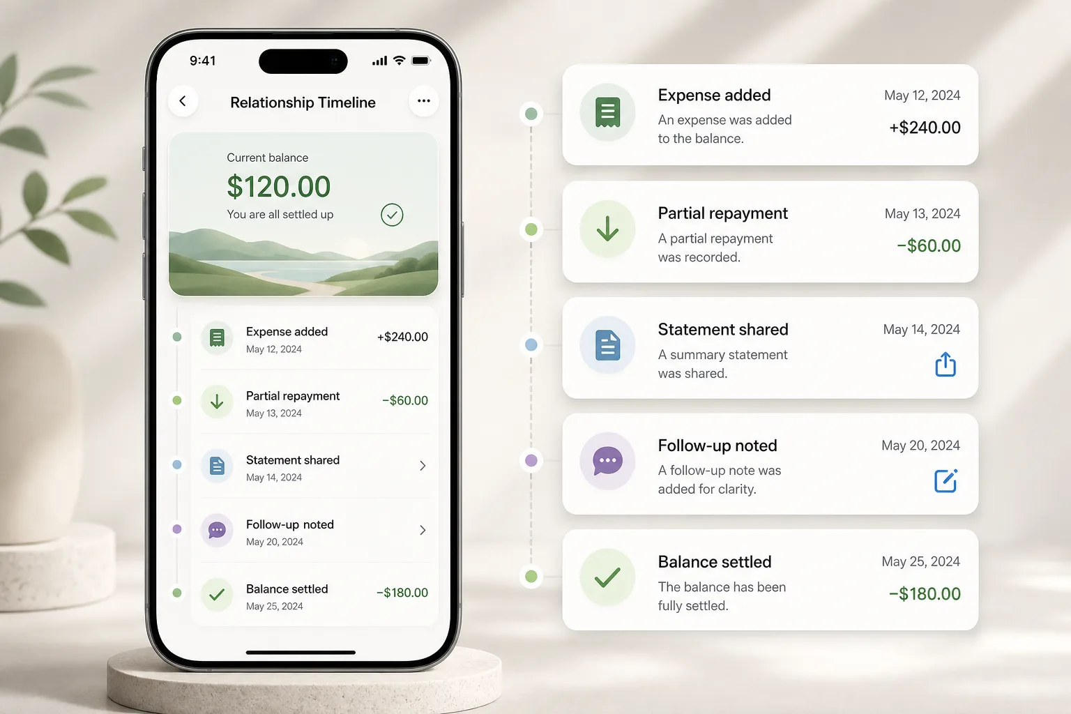 You Owe Me Relationship Timeline showing expenses, repayments, statements, and follow-ups.