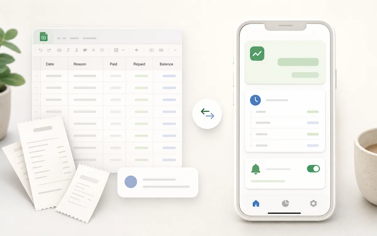 Spreadsheet rows compared with a clear app-style running balance for money owed.