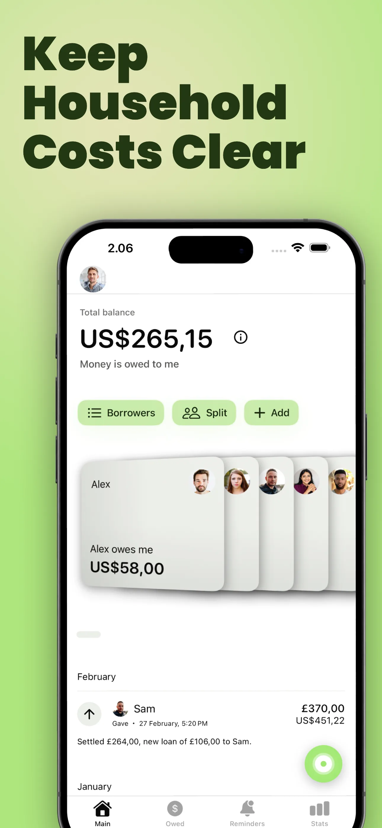 YouOweMe household screen for tracking family reimbursements and shared balances.