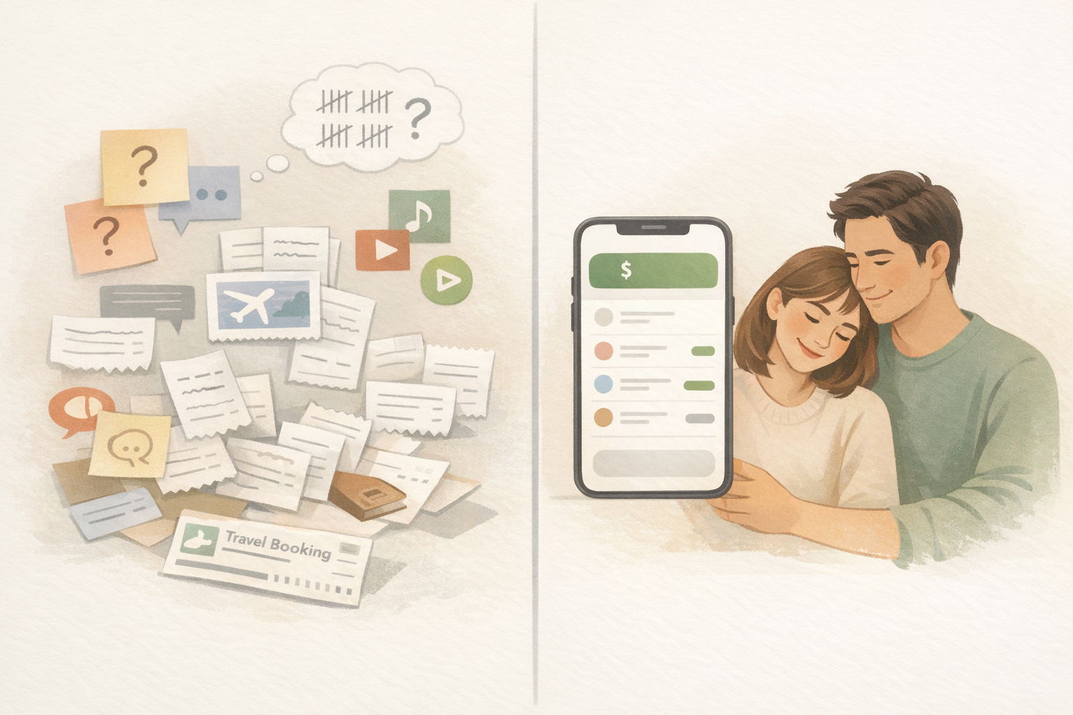 Illustration comparing messy mental tracking in a relationship with a calmer app-based shared expense system