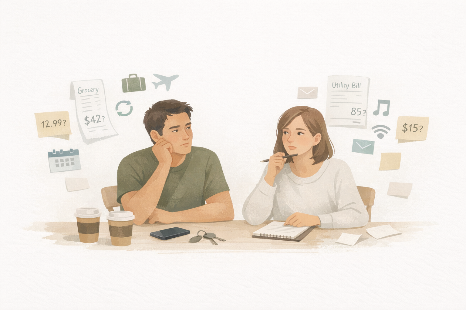 Illustration of couple expense confusion caused by mental tracking, recurring bills, and uneven everyday purchases