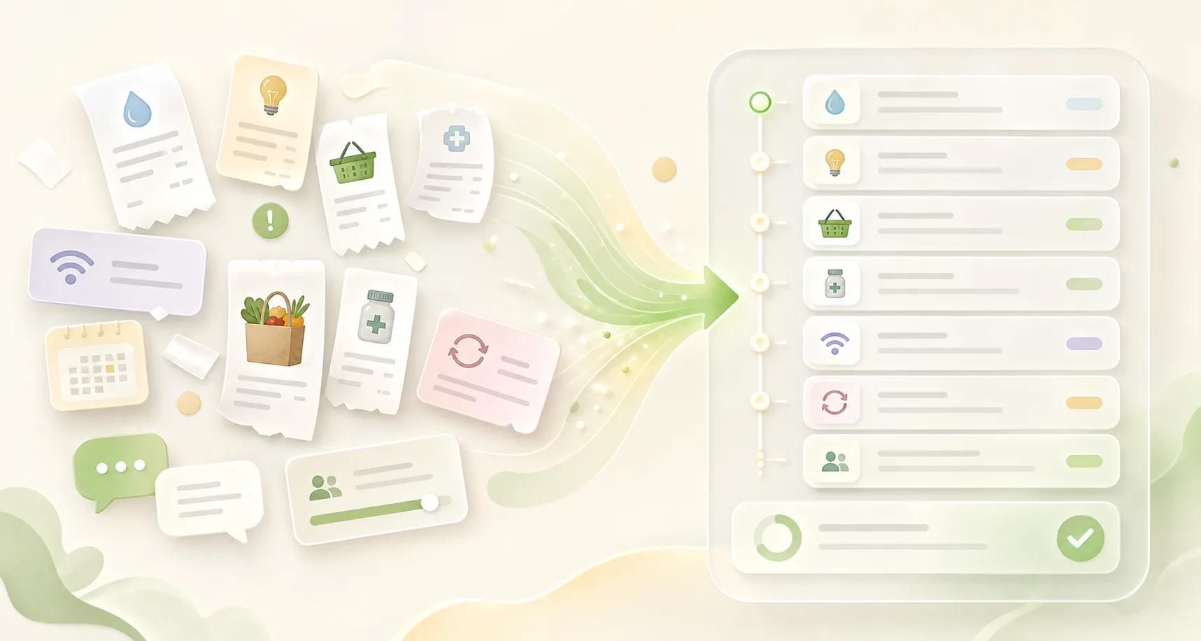 Scattered family bills, purchases, reminders, and repayments becoming organized into one clear reimbursement history.