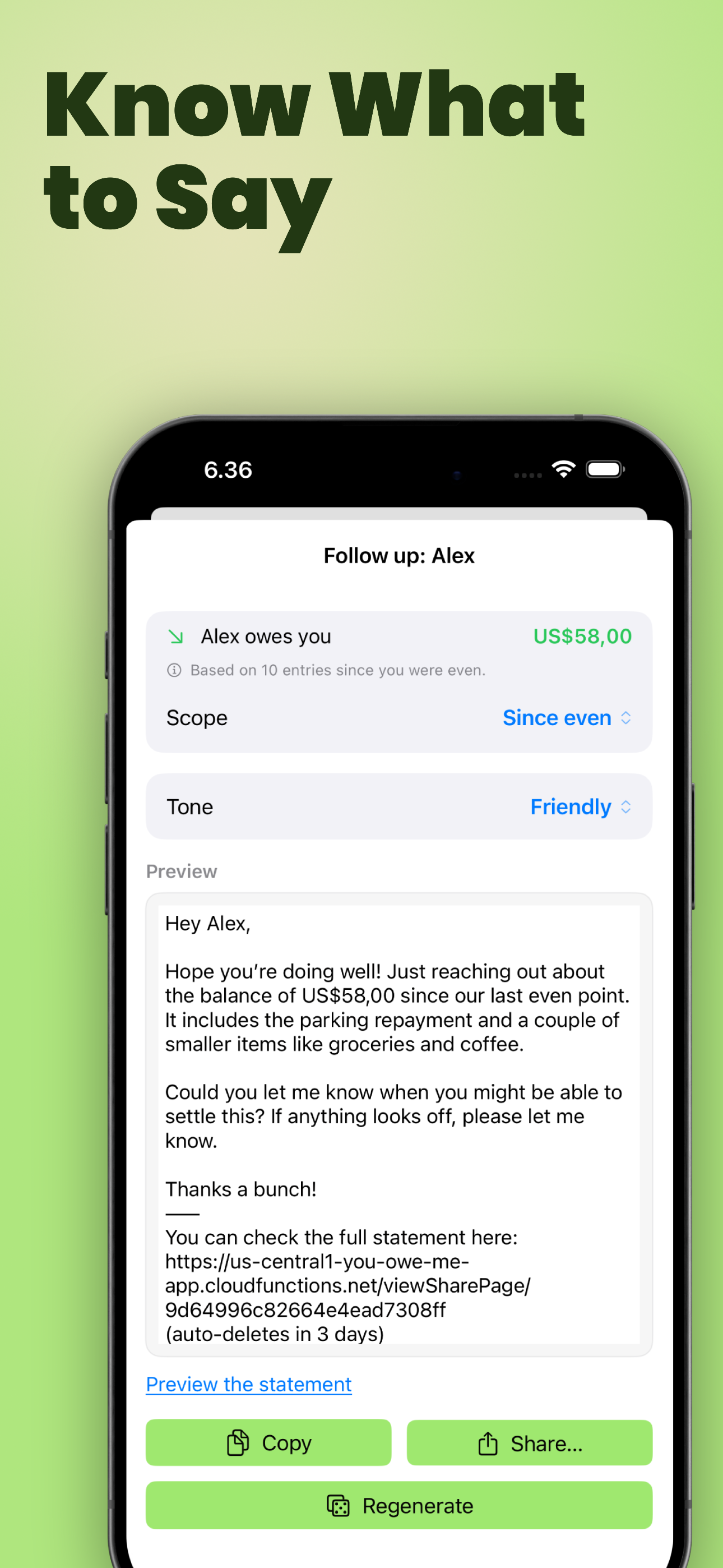 YouOweMe Money Conversations generating a calm repayment follow-up message