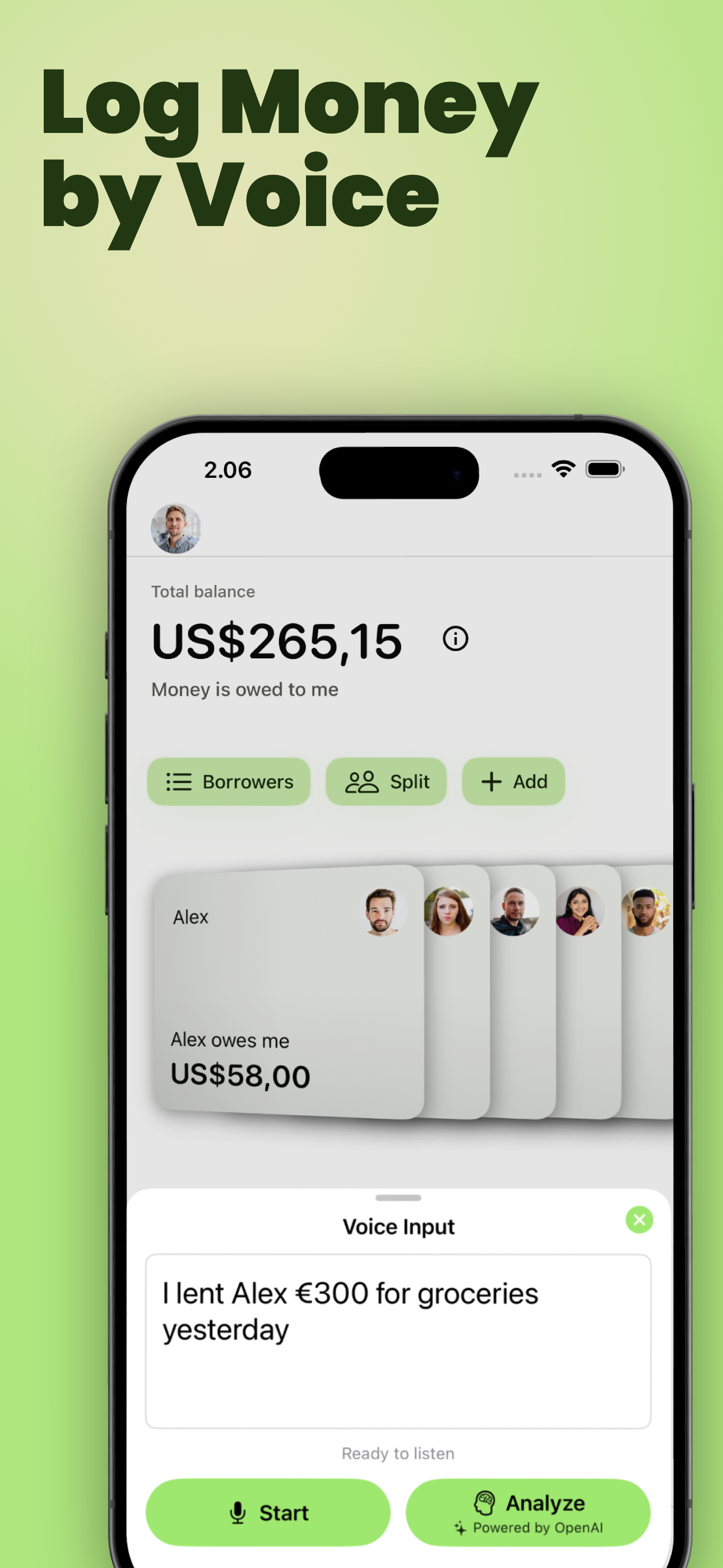 YouOweMe voice entry screen for logging money, payments, and expenses by voice