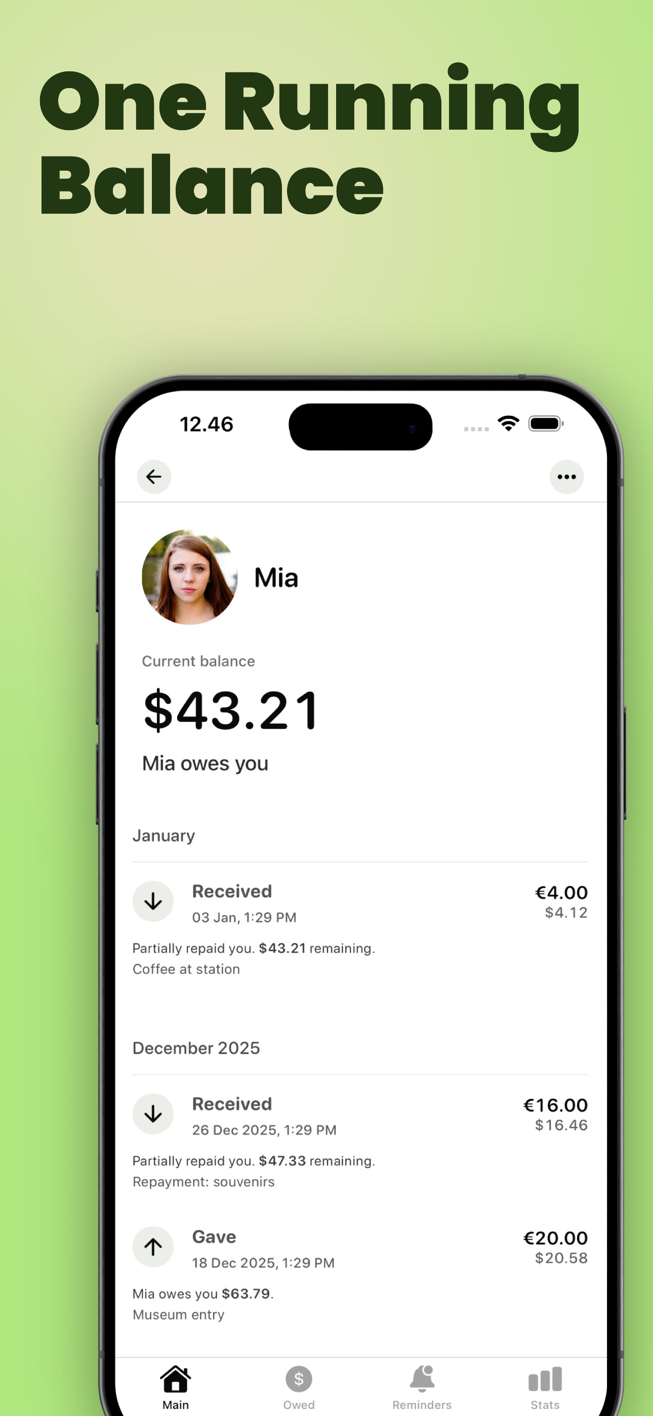 YouOweMe showing one running balance and transaction history for a person