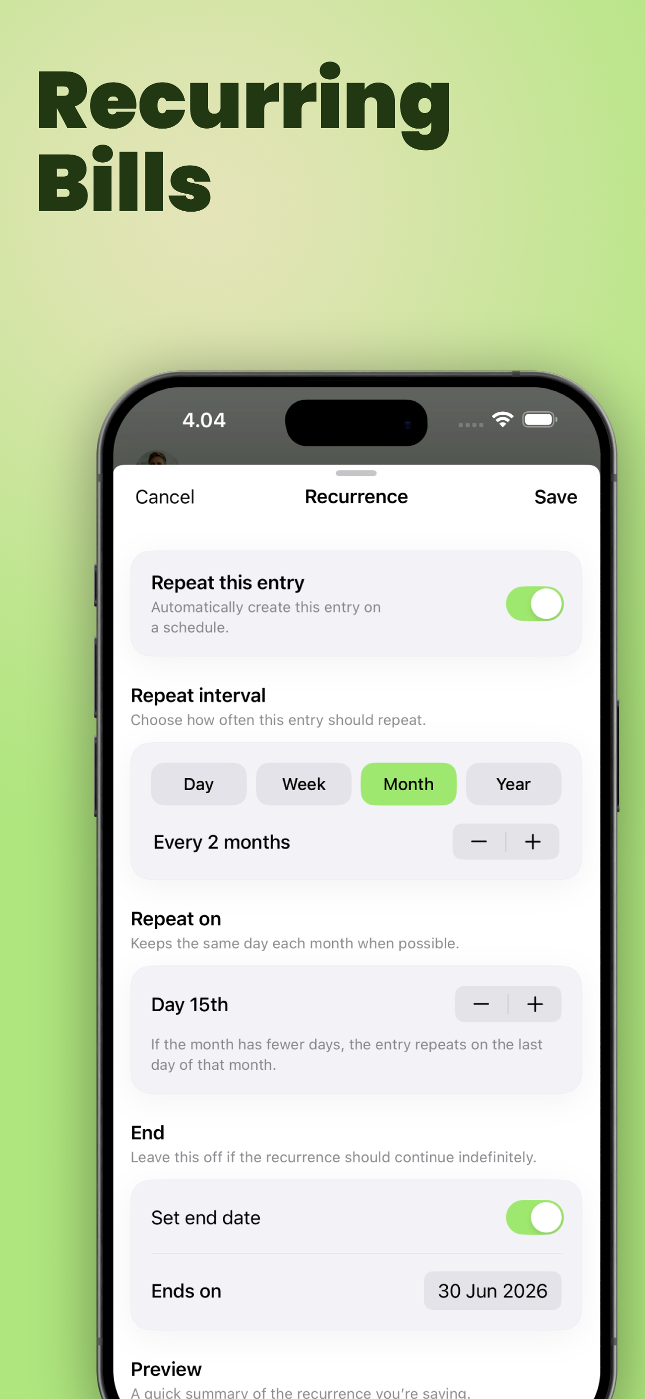 YouOweMe recurring bills screen for rent, utilities, subscriptions, and repeated costs