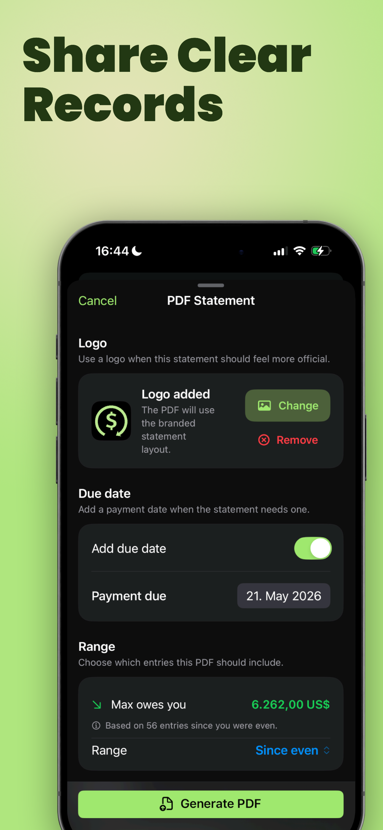 YouOweMe PDF statement screen for sharing clear records with selected entries and a due date