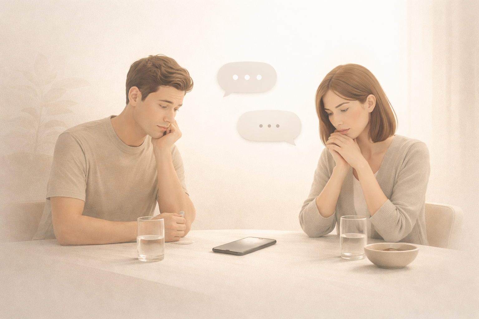 Soft-toned illustration representing difficult money conversations between people