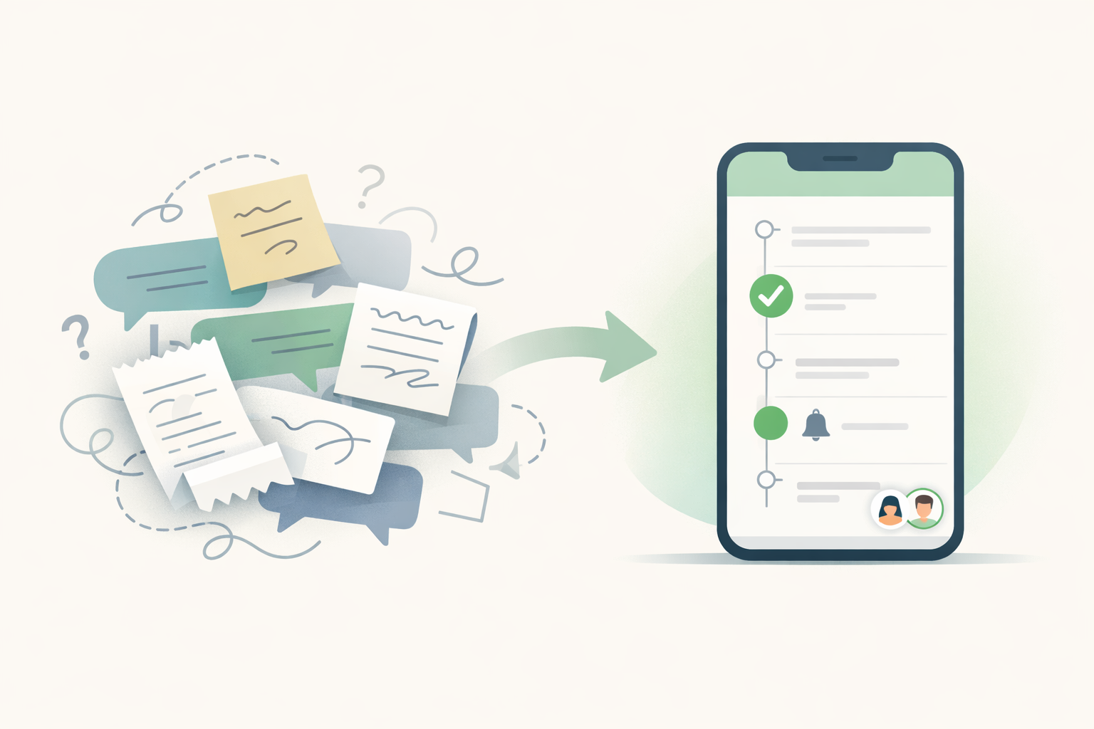 Illustration comparing messy notes and chat history with a clear money-owed tracking system