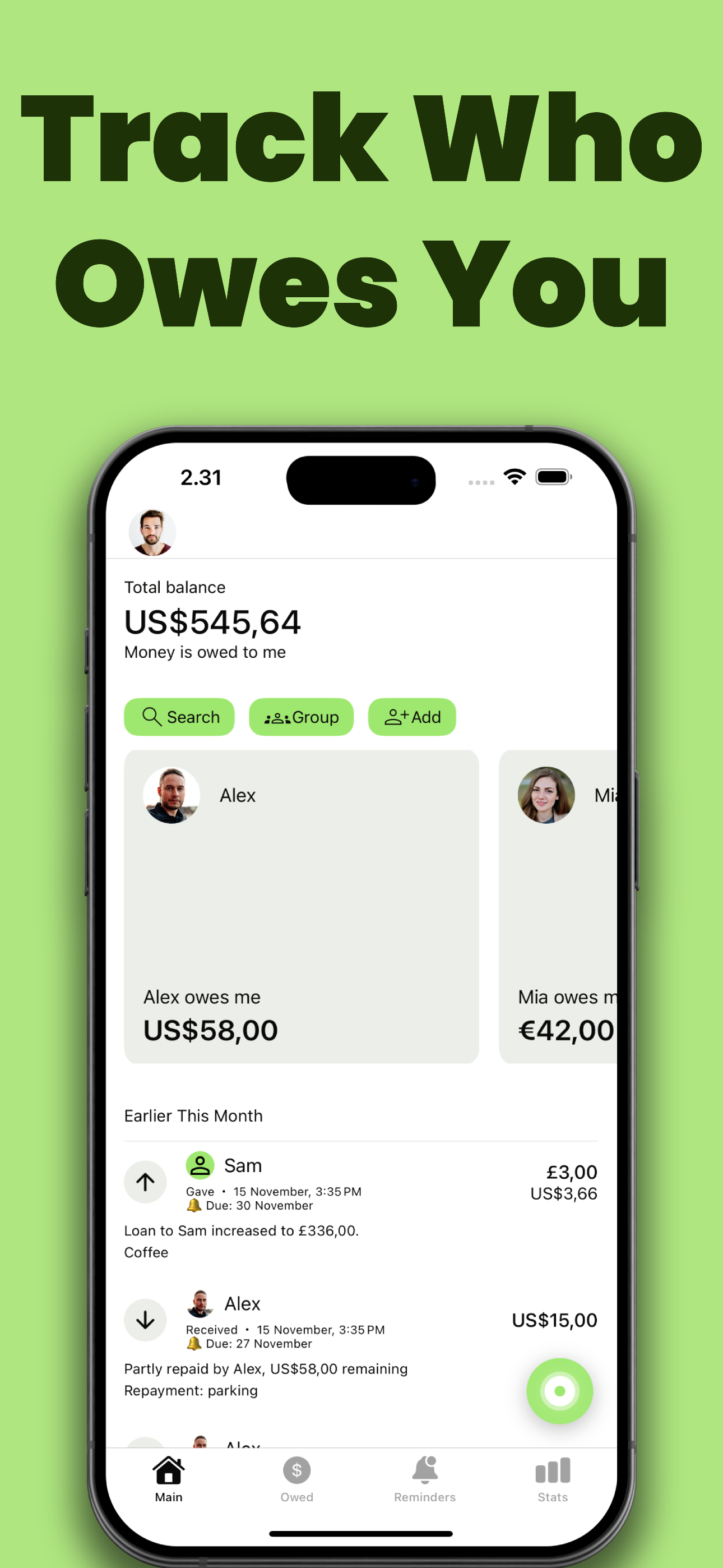 Main screen — Track who owes you