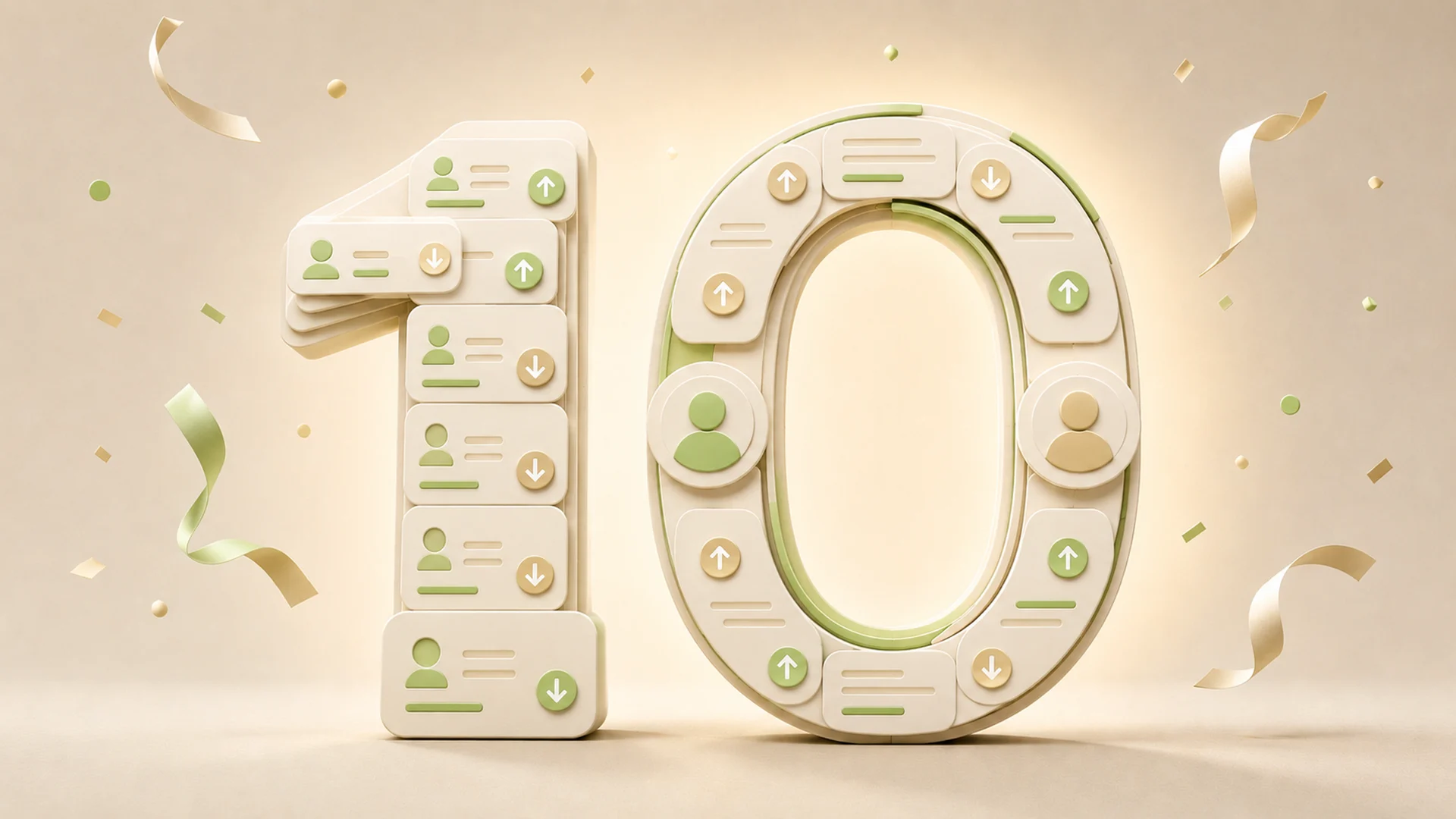 A sculpted number 10 made from person and transaction cards with green and gold borrowed and lent arrows.