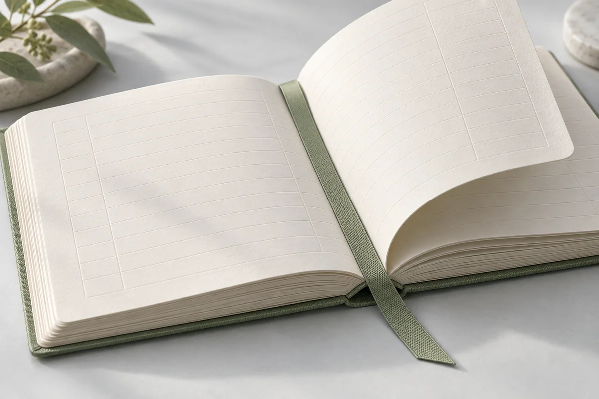 An intact paper ledger with a page gently turning and a sage ribbon keeping its place