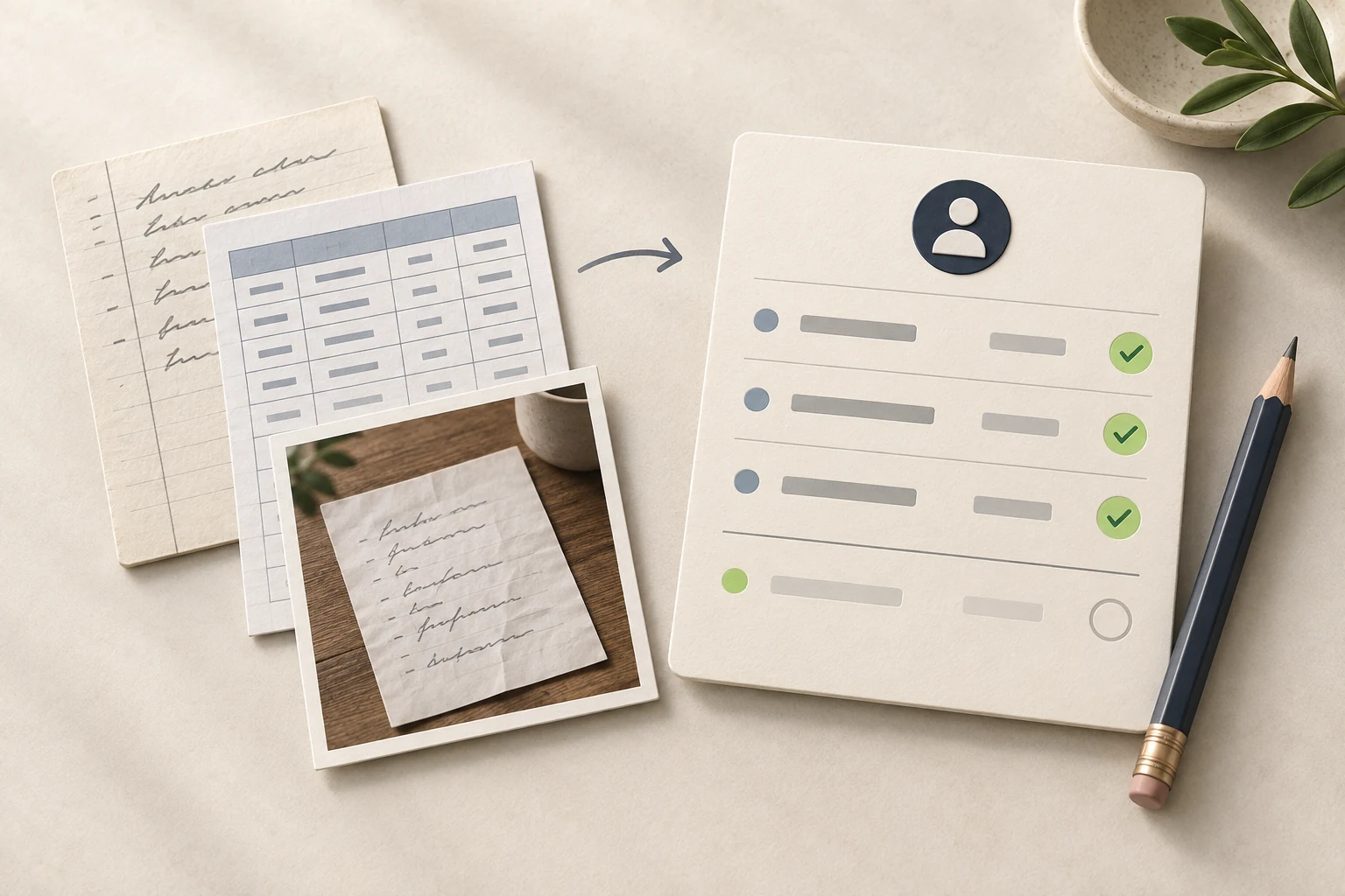 Illustration of notes, a spreadsheet and a photographed record becoming one reviewed loan history.