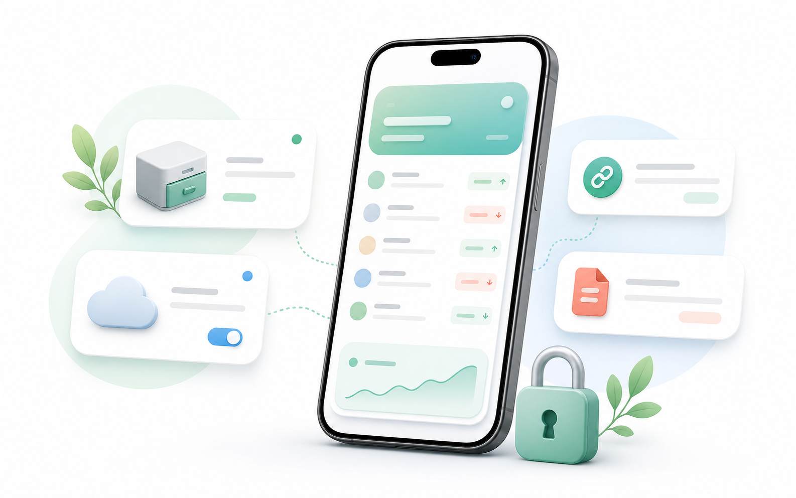 You Owe Me privacy and data illustration showing a phone ledger, optional cloud sync, a share link, and user-controlled exports.